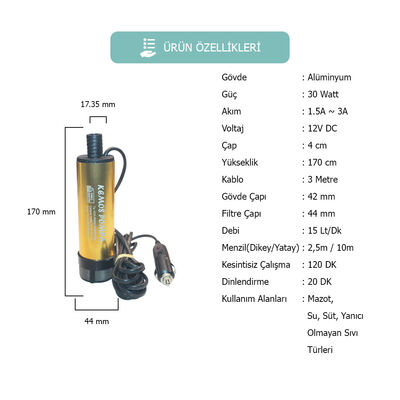 KIZILIRMAK 12 VOLT DALGIÇ TİPİ SIVI AKTARMA POMPASI(FİLTRELİ + ÇAKMAKLIK)