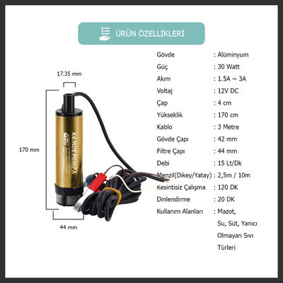 KIZILIRMAK 12 VOLT DALGIÇ TİPİ SIVI AKTARMA POMPASI(FİLTRELİ + ADAPTÖR) - 2