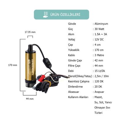 KIZILIRMAK 12 VOLT DALGIÇ TİPİ SIVI AKTARMA POMPASI(FİLTRELİ + ARAPUARLI)