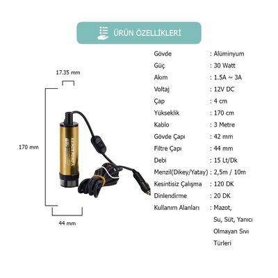 KIZILIRMAK 12 VOLT DALGIÇ TİPİ SIVI AKTARMA POMPASI(FİLTRELİ + ARAPUARLI + ÇAKMAKLIKLI) - 3
