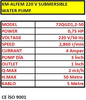 KM-ALFEM 220 V SOLAR VE DALGIC SUBMERSIBLE WATER PUMP