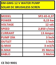 KM-GMG 12 V WATER PUMP SOLAR DC BRUSHLESS SCREN GUNES PANEL POMPASI - 6