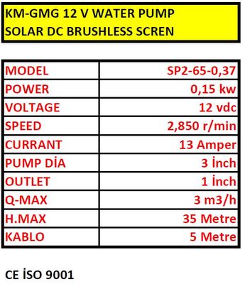 KM-GMG 12 V WATER PUMP SOLAR DC BRUSHLESS SCREN GUNES PANEL POMPASI